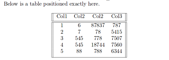 Example of positioning a table